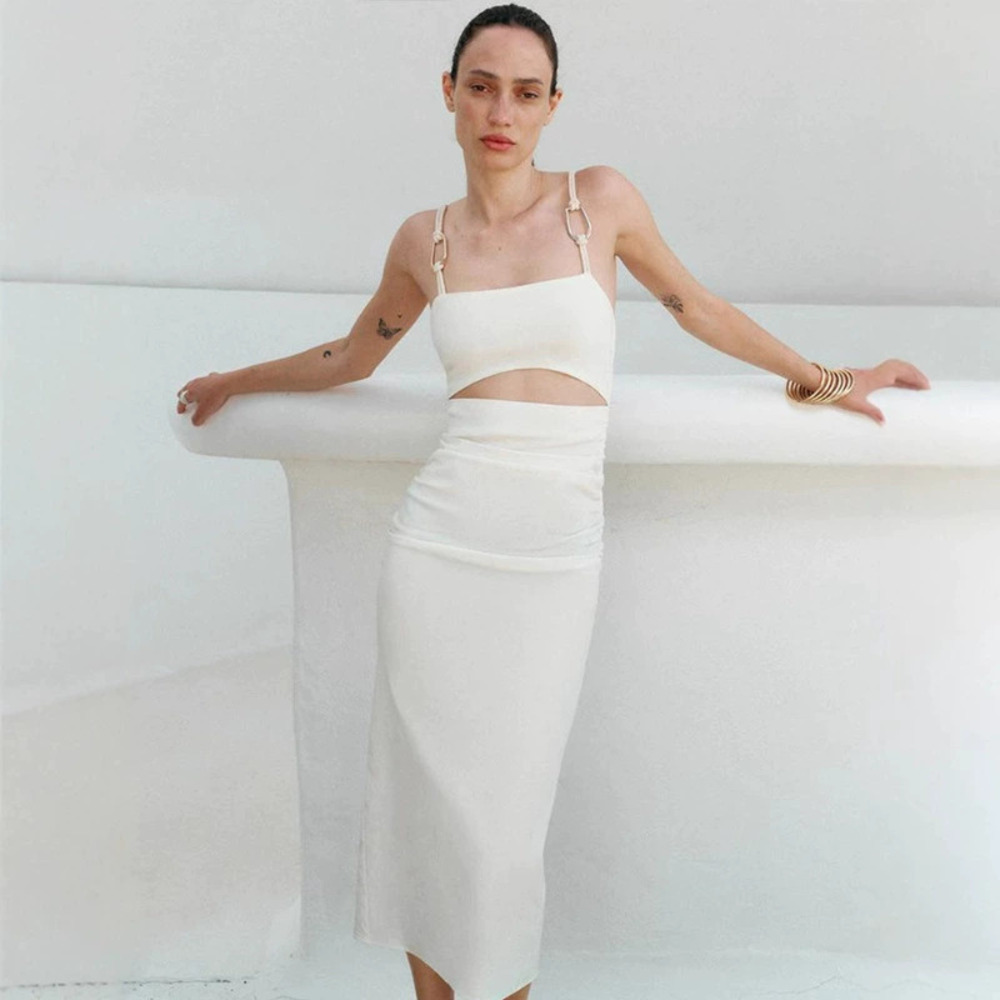 Zara Autumn Solid Color Backless Sleeveless Strappy Paneled Long Dress
